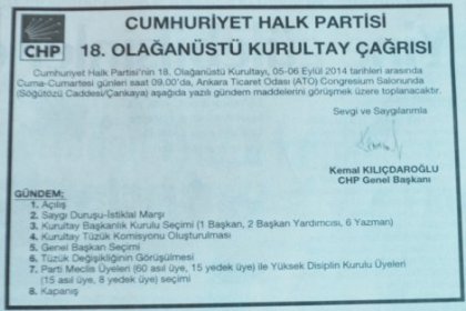 CHP'nin 18. Olağanüstü Kurultayı Gazetede ilan edildi