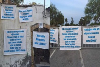 Tuğrul Türkeş'e babasının doğduğu evde pankartlı protesto