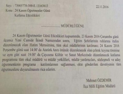 Okul müdürlerine 'camideki hatim merasimine katılın' yazısı!