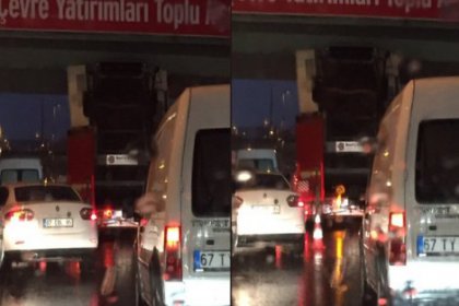 E-5'te TIR üst geçide takıldı, trafikte kuyruk oluştu