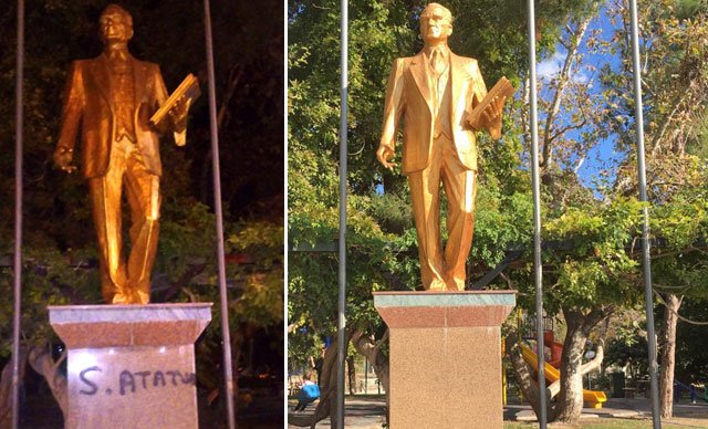Atatürk heykeline sprey boyayla yazı yazan 3 çocuk gözaltına alındı