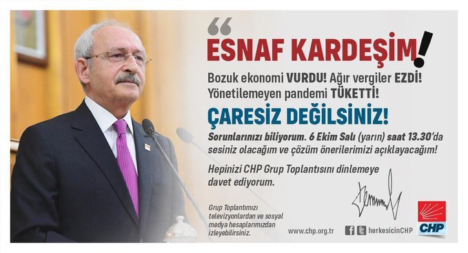 CHP Lideri Kılıçdaroğlu, 13.30'da TBMM Grup Toplantısında esnafın sorunlarını ve partisinin çözüm önerilerini açıklayacak