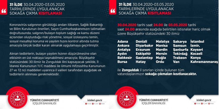 İçişleri Bakanlığı 31 il için 3 günlük sokağa çıkma kısıtlaması hakkında açıklama yaptı