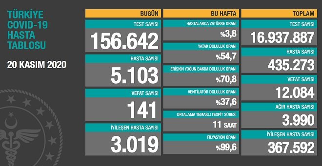 Koronavirüs'ten Türkiye'de 20 Kasım'da 141 toplamda 12.084 kişi öldü