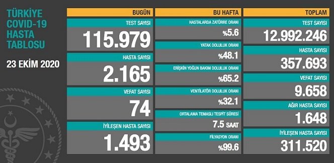 Koronavirüs'ten Türkiye'de 23 Ekim'de 74 toplamda 9.658 kişi öldü