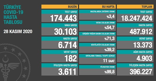 Koronavirüs'ten Türkiye'de 28 Kasım'da 182 toplamda 13.373 kişi öldü