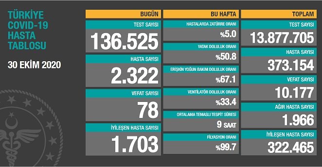 Koronavirüs'ten Türkiye'de 30 Ekim'de 78 toplamda 10.177 kişi öldü