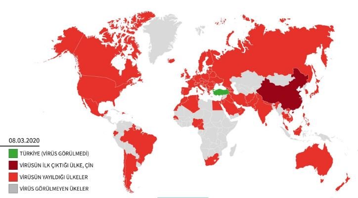 Sağlık Bakanı Fahrettin Koca koronavirüsün yayıldığı ülkelerin haritasını paylaştı: 'Türkiye, sıkı önlemlerle listeye girmemeyi başardı'