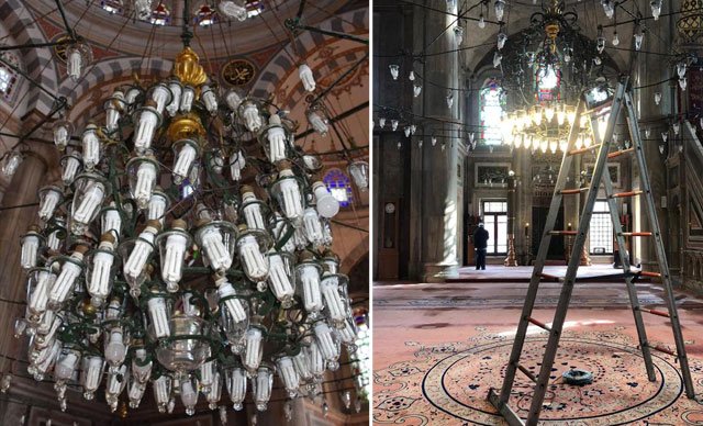 Tarihi Laleli Camii'nin avizelerine tasarruflu ampul takmışlar