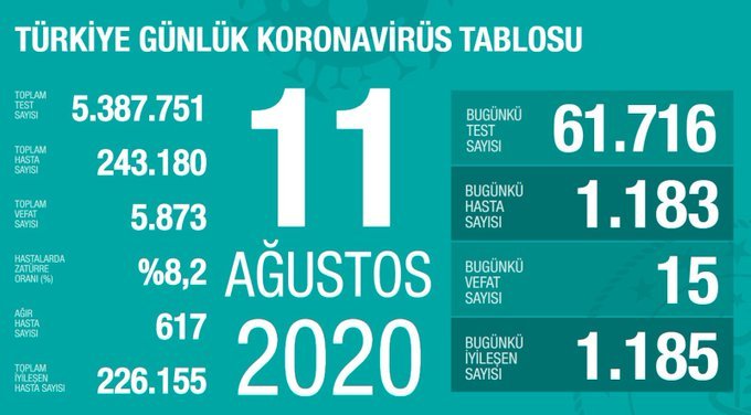 Türkiye'de 11 Ağustos'da Covid_19'dan 15 toplamda 5.873 kişi öldü