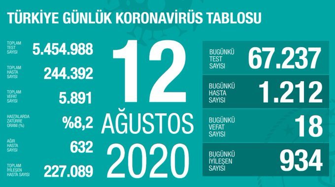 Türkiye'de 12 Ağustos'da Covid_19'dan 18 toplamda 5.891 kişi öldü