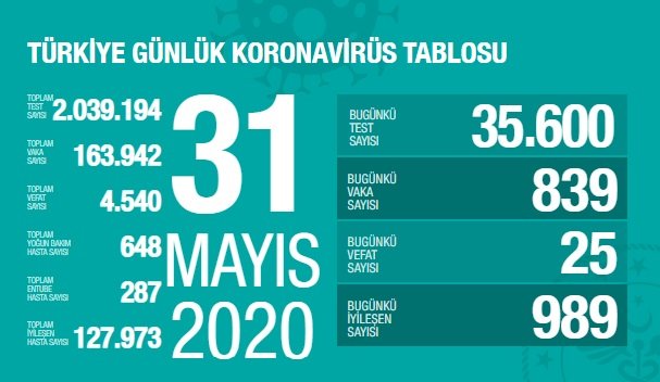 Türkiye'de 31 Mayıs'ta Covid_19'dan 25 toplamda 4.540 kişi öldü