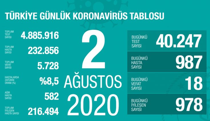 Türkiye'de Covid-19 nedeniyle 18 kişi daha hayatını kaybetti, ölü sayısı 5 bin 728'e, vaka sayısı ise 232 bin 856'ya yükseldi