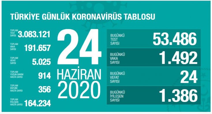 Türkiye'de Covid-19 nedeniyle 24 kişi daha hayatını kaybetti, ölü sayısı 5 bin 25'e, vaka sayısı 191 bin 657'ye yükseldi