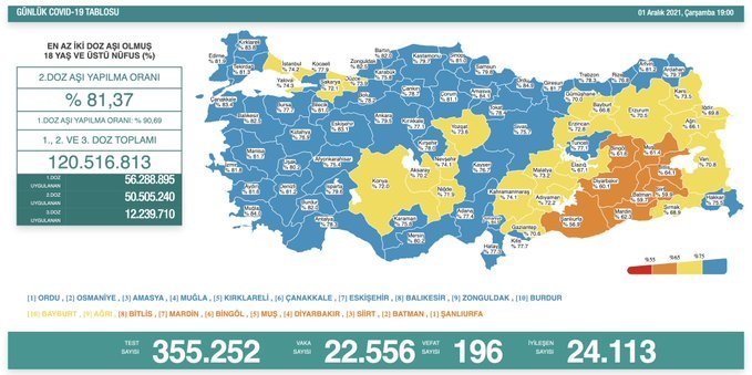 Covid-19, Türkiye'de 1 Aralık'ta 196 toplamda 76.914 can aldı