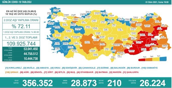 Covid-19, Türkiye'de 1 Ekim'de 210 toplamda 64.199 can aldı
