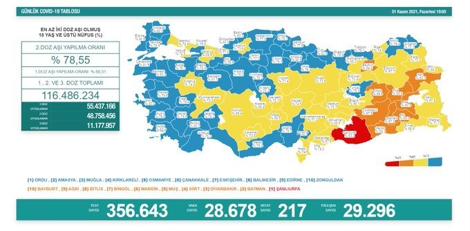 Covid-19, Türkiye'de 1 Kasım'da 217 toplamda 70.763 can aldı