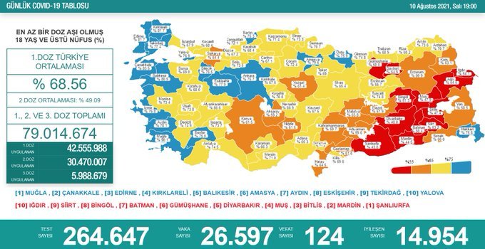 Covid_19, Türkiye'de 10 Ağustos'ta 124 toplamda 52.437 can aldı