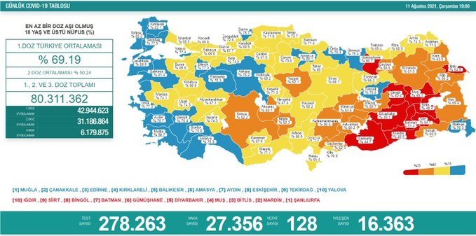 Covid_19, Türkiye'de 11 Ağustos'ta 128 toplamda 52.565 can aldı