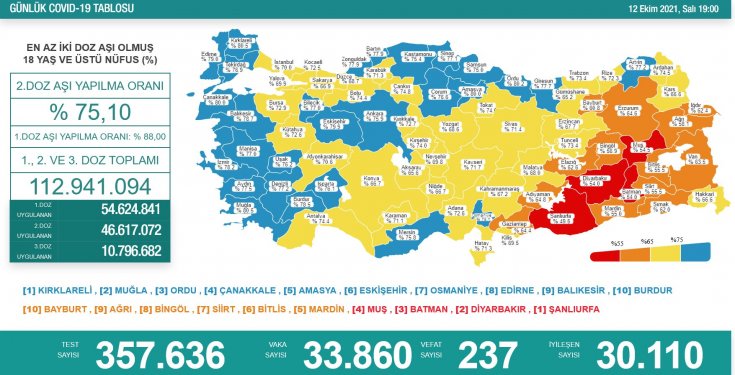 Covid-19, Türkiye'de 12 Ekim'de 237 toplamda 66.540 can aldı