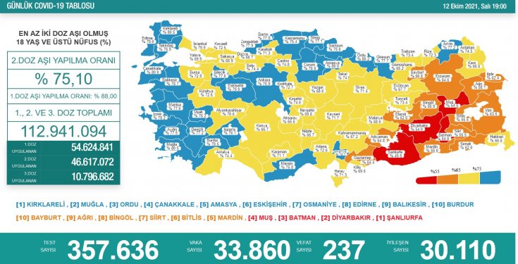 Covid-19, Türkiye'de 12 Ekim'de 237 toplamda 66.540 can aldı Covid-19, Türkiye'de 12 Ekim'de 237 toplamda 66.540 can aldı