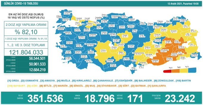 Covid-19, Türkiye'de 13 Aralık'ta 171 toplamda 79.198 can aldı