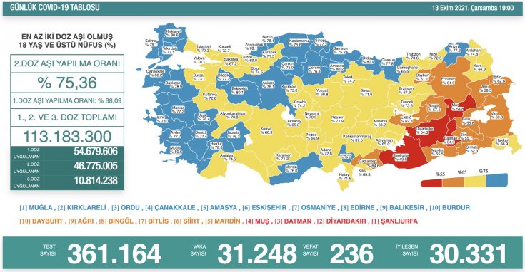 Covid-19, Türkiye'de 13 Ekim'de 236 toplamda 66.776 can aldı