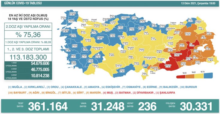 Covid-19, Türkiye'de 13 Ekim'de 236 toplamda 66.776 can aldı Covid-19, Türkiye'de 13 Ekim'de 236 toplamda 66.776 can aldı