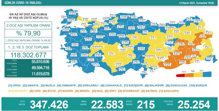 Covid-19, Türkiye'de 13 Kasım'da 215 toplamda 73.277 can aldı