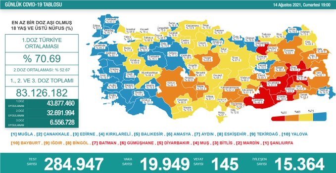 Covid_19, Türkiye'de 14 Ağustos'ta 145 toplamda 53.005 can aldı