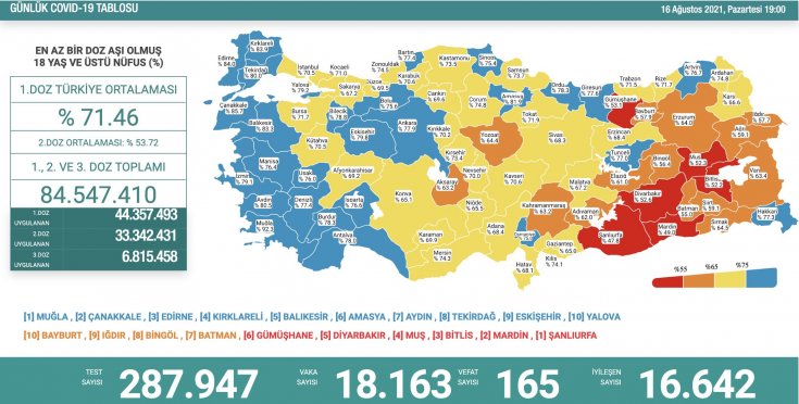 Covid_19, Türkiye'de 16 Ağustos'ta 165 toplamda 53.324 can aldı
