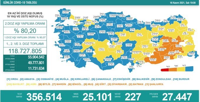 Covid-19, Türkiye'de 16 Kasım'da 227 toplamda 73.908 can aldı