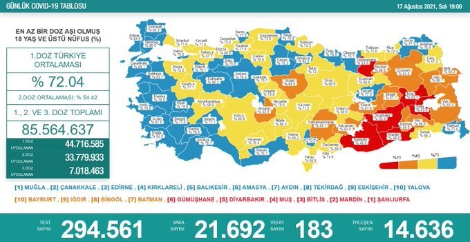 Covid_19, Türkiye'de 17 Ağustos'ta 183 toplamda 53.507 can aldı