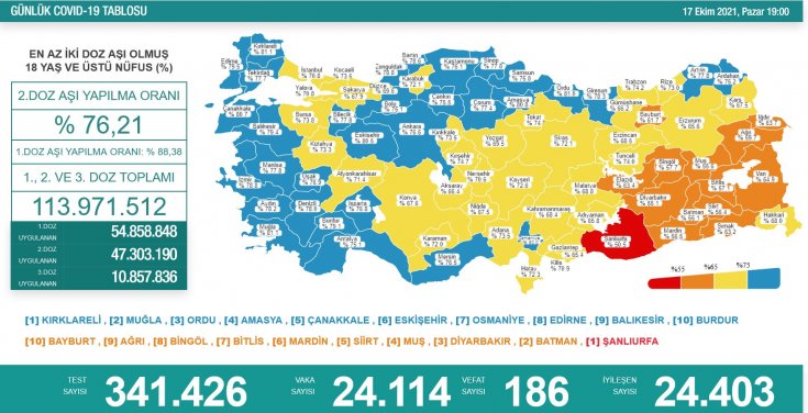 Covid-19, Türkiye'de 17 Ekim'de 186 toplamda 67.558 can aldı