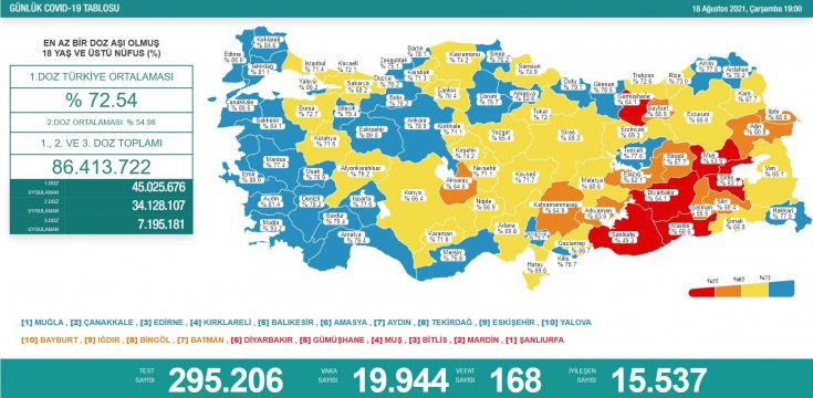 Covid_19, Türkiye'de 18 Ağustos'ta 168 toplamda 53.675 can aldı