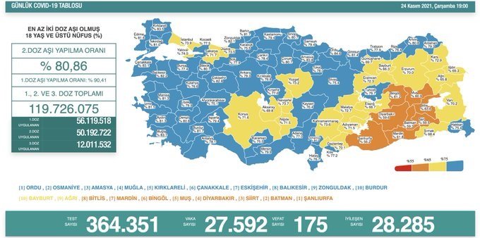 Covid-19, Türkiye'de 24 Kasım'da 175 toplamda 75.499 can aldı