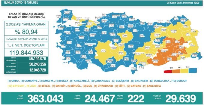 Covid-19, Türkiye'de 25 Kasım'da 222 toplamda 75.721 can aldı