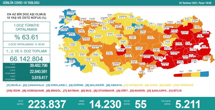 Covid_19, Türkiye'de 25 Temmuz'da 55 toplamda 50.934 can aldı