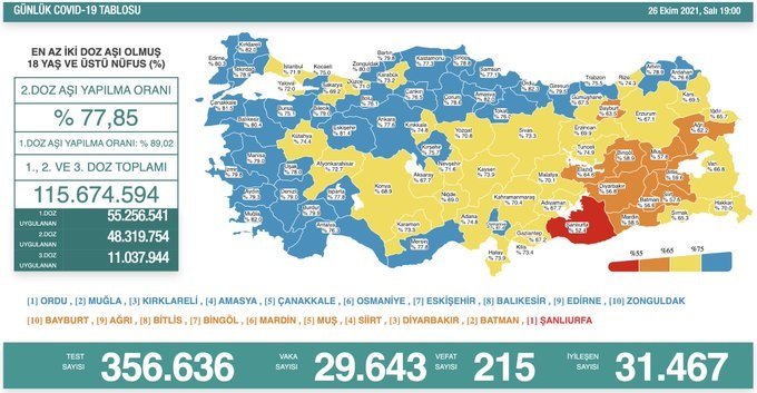 Covid-19, Türkiye'de 26 Ekim'de 215 toplamda 69.494 can aldı