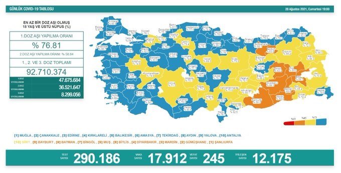Covid_19, Türkiye'de 28 Ağustos'ta 245 toplamda 55.953 can aldı