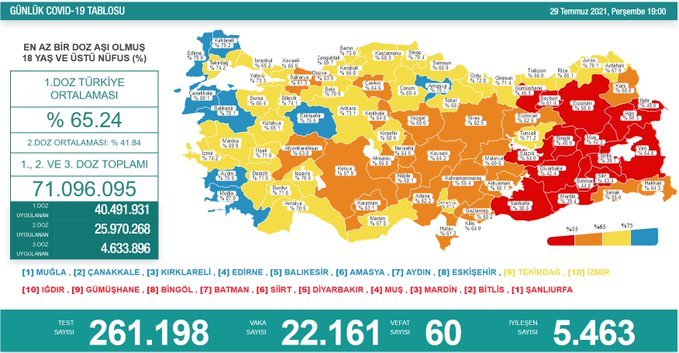 Covid_19, Türkiye'de 29 Temmuz'da 60 toplamda 51.184 can aldı