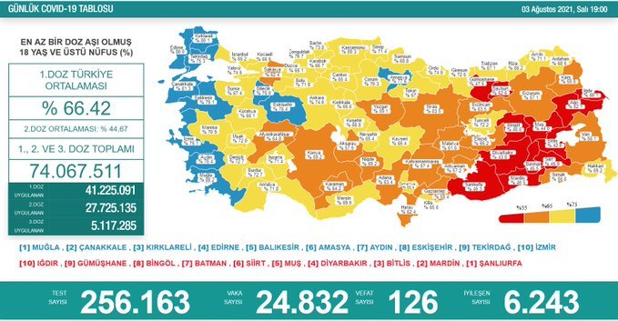 Covid_19, Türkiye'de 3 Ağustos'ta 126 toplamda 51.645 can aldı