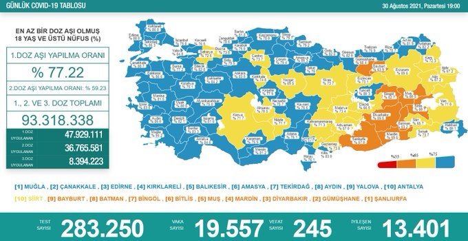 Covid_19, Türkiye'de 30 Ağustos'ta 245 toplamda 56.453 can aldı