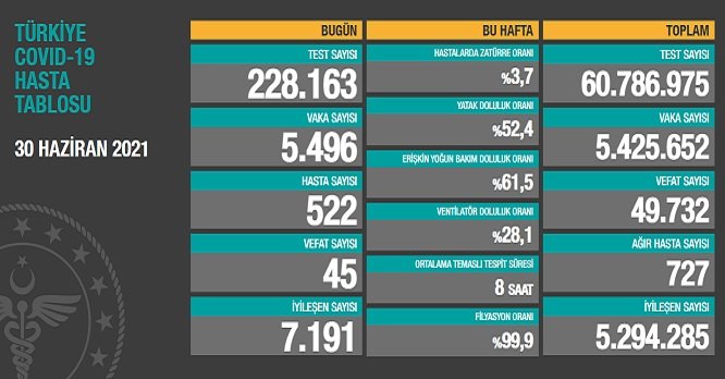 Covid_19, Türkiye'de 30 Haziran'da 45 toplamda 49.732 can aldı