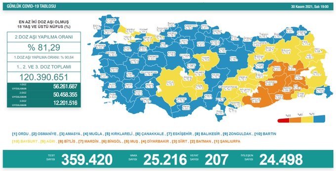 Covid-19, Türkiye'de 30 Kasım'da 207 toplamda 76.718 can aldı