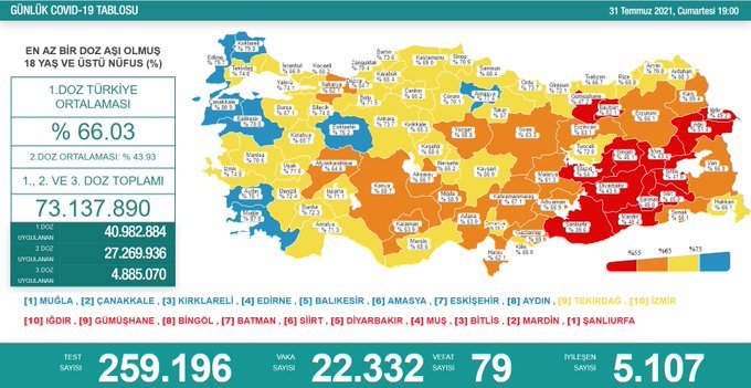 Covid_19, Türkiye'de 31 Temmuz'da 79 toplamda 51.332 can aldı