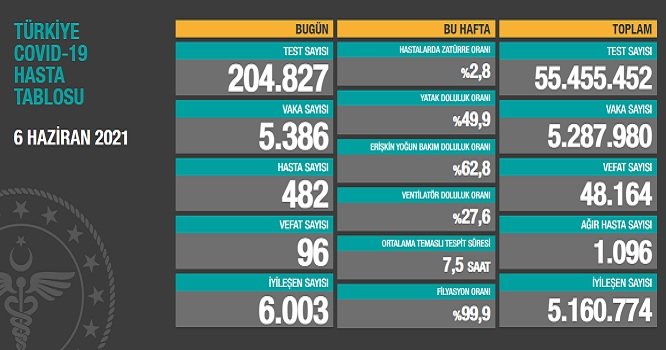 Covid_19, Türkiye'de 6 Haziran'da 96 toplamda 48.164 can aldı