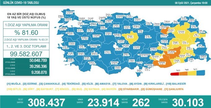 Covid_19, Türkiye'de 8 Eylül'de 262 toplamda 58.908 can aldı