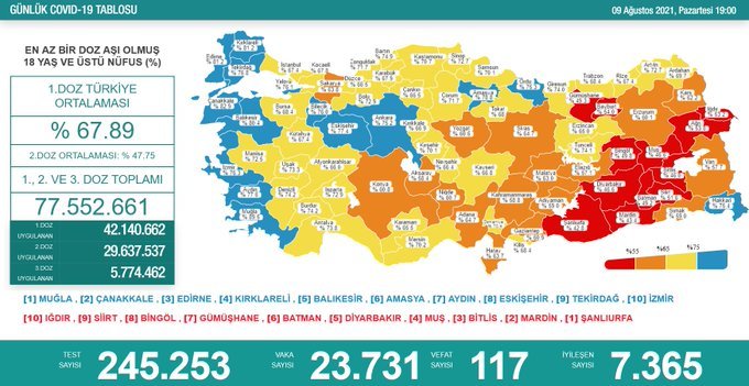 Covid_19, Türkiye'de 9 Ağustos'ta 117 toplamda 52.313 can aldı