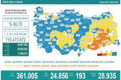 Covid-19, Türkiye'de 22 Kasım'da 193 toplamda 75.116 can aldı